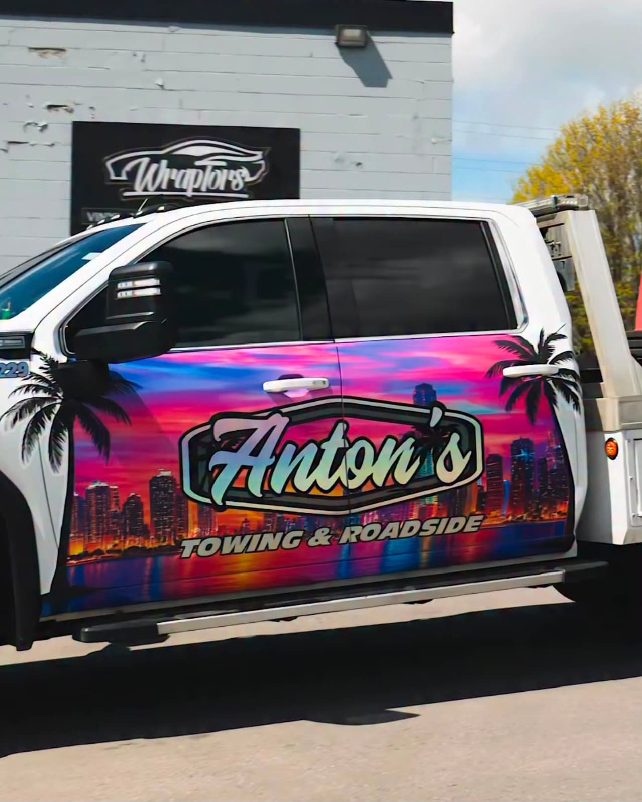 Wraptors commercial wrap, Anton's Towing & Roadside branded truck